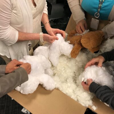 A group of participants are seen from above working together to stuff teddy bears. Their hands are holding various plush bear parts while reaching into a large cardboard box filled with stuffing material. The teddy bears are in different stages of assembly, with some already partially stuffed. The focus is on teamwork and collaboration as they fill the bears for the Team Teddy Rescue Bear team building event. thumbnail