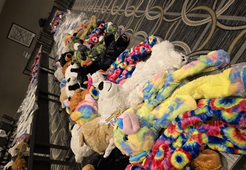 A row of colorful, tie-dye, and classic teddy bears lined up on a patterned carpet as part of the Team Teddy Rescue Bear event. The bears are ready to be dressed and completed as part of a charitable team building program.
