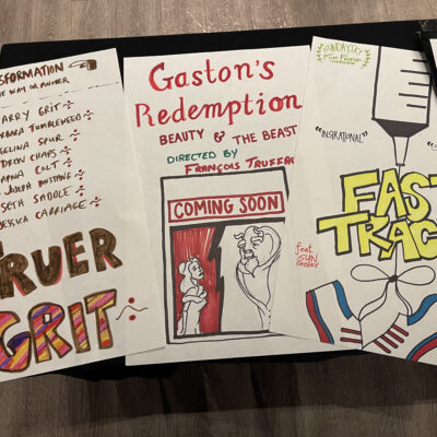 Hand-drawn movie posters for fictional films, including 'Truer Grit,' 'Gaston's Redemption,' and 'Fast Track,' created by participants during a creative team building event. thumbnail