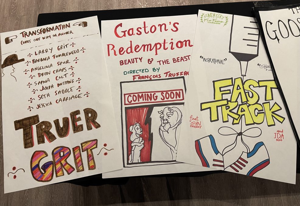 Hand-drawn movie posters for fictional films, including 'Truer Grit,' 'Gaston's Redemption,' and 'Fast Track,' created by participants during a creative team building event.