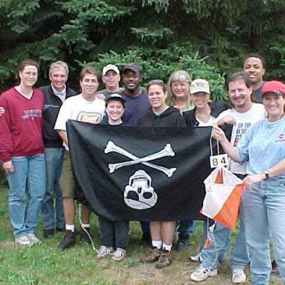 Employees pose for a picture during team building