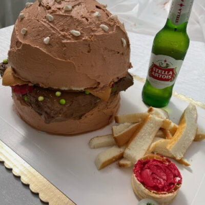 cake that looks like a hamburger and fries