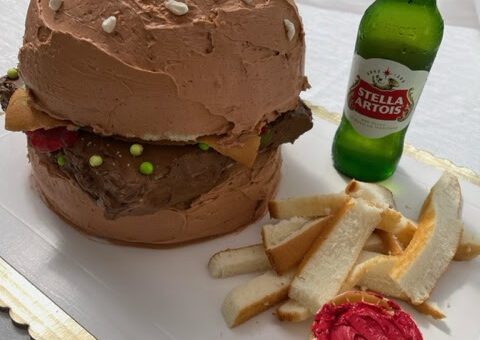 cake that looks like a hamburger and fries