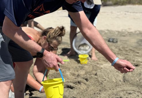 Participants working together at a sand sculpting team building event, using small buckets to gather sand for their sculpture on the beach.
