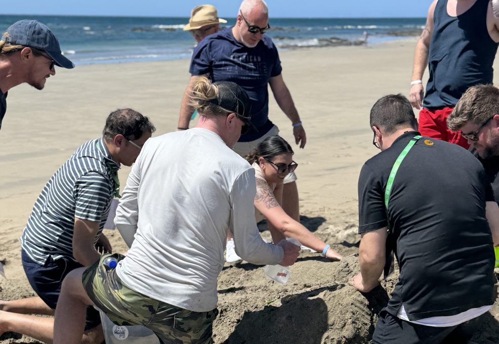 A group of participants collaborating on building a sand sculpture during a sand sculpting team building event at the beach.