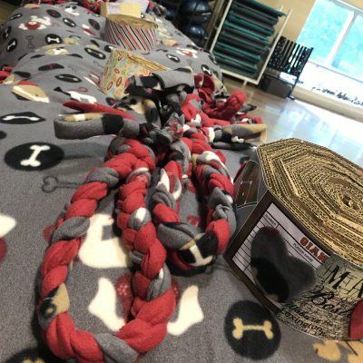 Supplies, including braided toys and scratch pads, laid out for assembly during the Paws For A Cause team building event, where participants create donations for local animal shelters. thumbnail