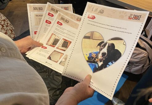 A participant at the Paws For A Cause team building event reviews step-by-step instructions for creating dog beds to be donated to local animal shelters, ensuring the project meets all requirements.