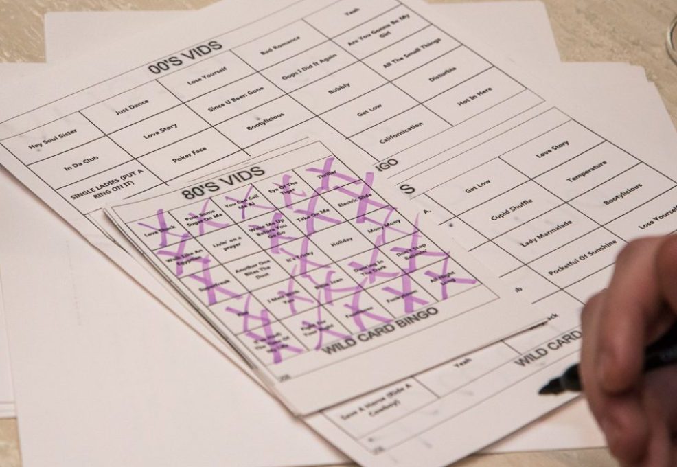 Close-up of an almost completed bingo card during the Wild Card Team Building Bingo event.