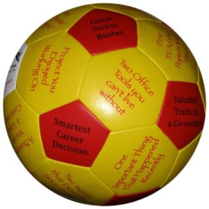 A soccer ball with option and question during the meet and greet event