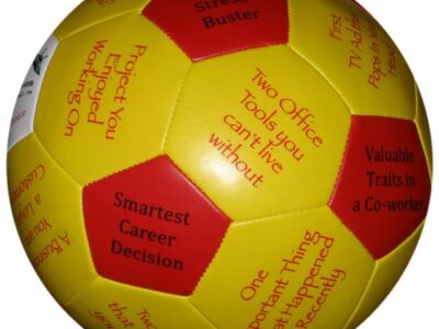 A soccer ball with option and question during the meet and greet event