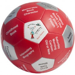Image of the a soccer ball with options and question use as icebreaker and entertainment