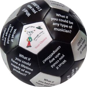 Image of the a soccer ball with questions