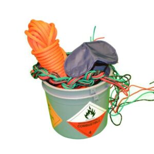 Flammable ropes in a bucket with a combustible warning sticker