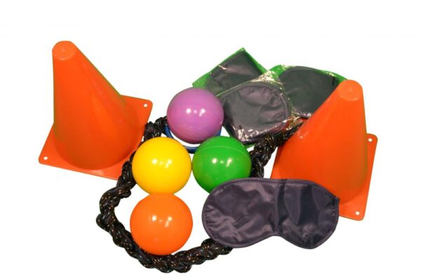 Colorful plastic party balls and traffic cones