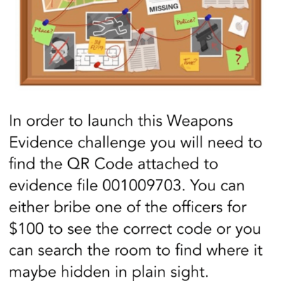 A screenshot from a mobile app shows a 'Dagger' challenge under the 'Weapons Evidence' category. The background illustration features a bulletin board with various photos, notes, and string connecting clues, typical of an evidence board in a mystery or crime scene investigation. The instructions indicate that to launch the challenge, participants need to find a QR code attached to an evidence file, offering options to bribe officers for $100 to see the correct code or search the room for it. Once found, users must scan the code to learn more about the weapon. thumbnail