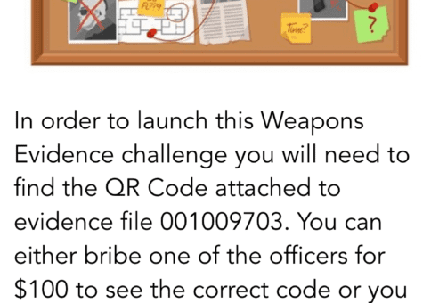 A screenshot from a mobile app shows a 'Dagger' challenge under the 'Weapons Evidence' category. The background illustration features a bulletin board with various photos, notes, and string connecting clues, typical of an evidence board in a mystery or crime scene investigation. The instructions indicate that to launch the challenge, participants need to find a QR code attached to an evidence file, offering options to bribe officers for $100 to see the correct code or search the room for it. Once found, users must scan the code to learn more about the weapon.
