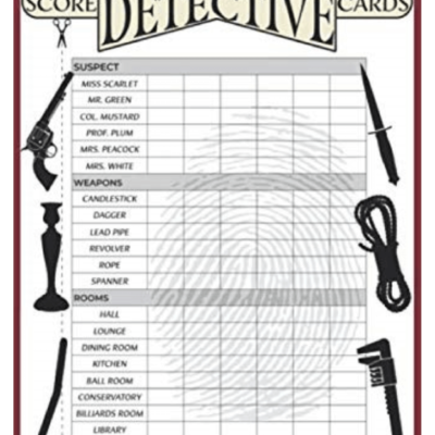 A screenshot from a SLEUTH Murder Mystery game interface labeled 'FINAL ANSWER - ROOM.' The image displays a detective scorecard listing suspects, weapons, and rooms for solving the mystery. Suspects include names like Miss Scarlet, Colonel Mustard, and Mrs. Peacock, while the weapons include a revolver, rope, and candlestick. The bottom of the screen reads: 'ONLY LAUNCH THIS CHALLENGE WHEN YOU ARE READY TO SOLVE THE MYSTERY. IT SHOULD BE THE FINAL CHALLENGE THAT YOU COMPLETE! thumbnail
