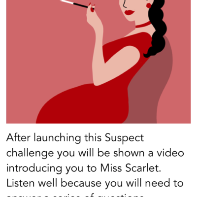 A digital illustration of Miss Scarlet, a character dressed in a red gown with black hair styled in a braid. She is holding a cigarette in a long holder, with smoke swirling upward. The text below explains a game challenge. thumbnail