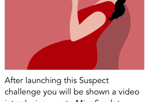 A digital illustration of Miss Scarlet, a character dressed in a red gown with black hair styled in a braid. She is holding a cigarette in a long holder, with smoke swirling upward. The text below explains a game challenge.