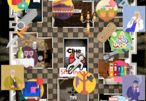 A screenshot of a digital SLEUTH live demo game, showing a floor plan of a mansion divided into various rooms. The image includes colorful icons representing characters, items, and clues spread across different rooms, which are labeled with names such as 'Library' and 'Study.' The interface shows typical app elements such as icons for navigation and user options at the bottom.