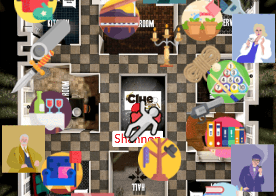 A screenshot of a digital SLEUTH live demo game, showing a floor plan of a mansion divided into various rooms. The image includes colorful icons representing characters, items, and clues spread across different rooms, which are labeled with names such as 'Library' and 'Study.' The interface shows typical app elements such as icons for navigation and user options at the bottom.
