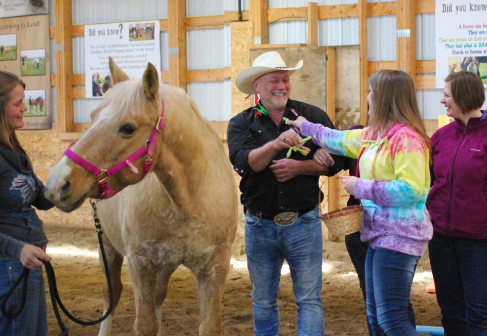 Group of people enjoying clips with the horse