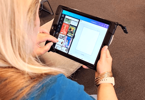 Participant designs creative elements for a charity team building event using a tablet during the Hopefull Handbags Global program.