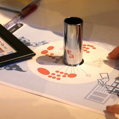 Participant solving a puzzle by using a reflective cylinder on a diagram during the 'Atmosphere' team building event. thumbnail