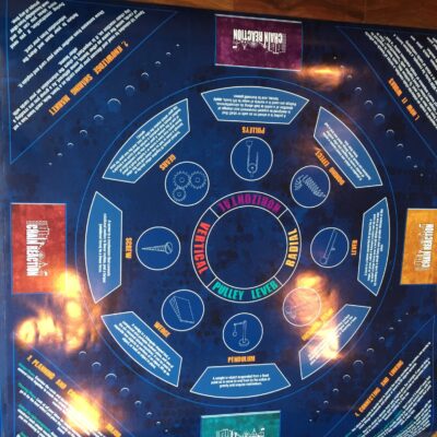 Close-up of a game board illustrating mechanics like pulleys, levers, and gears, used as part of a chain reaction team building activity. thumbnail