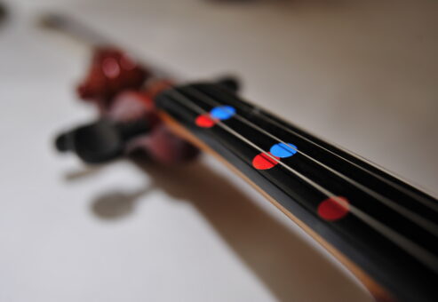 Close-up of a violin’s fingerboard with colorful markers to help participants learn notes quickly during the Crescendo team building event.