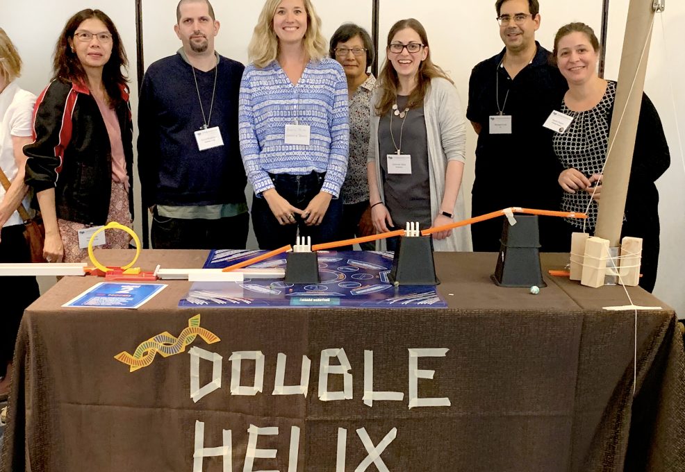 Team stands behind their completed 'Double Helix' themed chain reaction machine, showcasing their collaborative creation at a team building event.