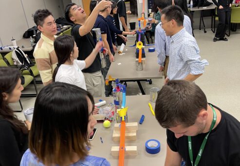 Participants working together to build a complex contraption during the Domino Effect team building activity.