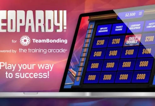 Jeopardy! game display on a laptop screen, showcasing categories like Employee Onboarding, Product Training, Leadership Development, and Safety & Compliance, with dollar amounts beneath. The image promotes a TeamBonding event powered by The Training Arcade with the tagline 'Play your way to success!