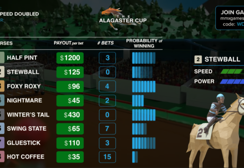 Race leaderboard screen showing horses, payouts, and betting odds for the Alagaster Cup during At The Races team building event.