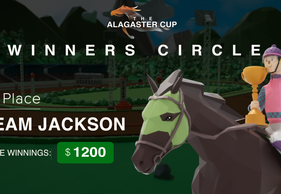 Winners Circle graphic for the Alagaster Cup showing Team Jackson as 1st place winners during the At The Races team building event.