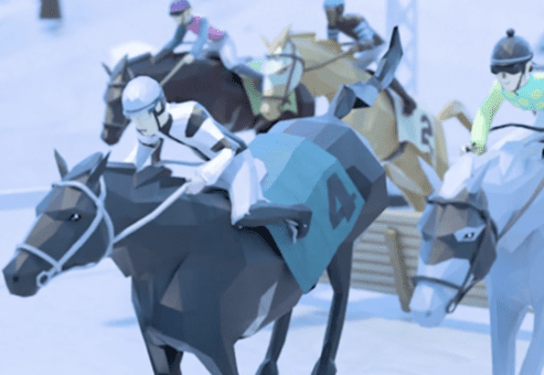 Close-up of animated horses racing on screen during At The Races team building event, where teams strategize and compete for victory.