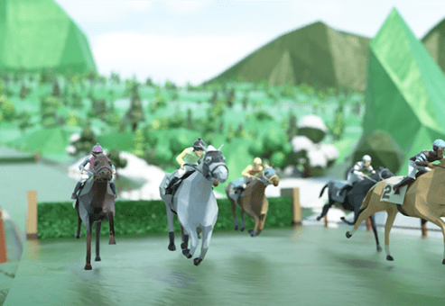 Virtual horse racing competition displayed on a screen during At The Races team building event, where teams collaborate to place bets and train horses.