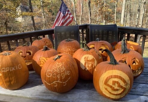A collection of intricately carved pumpkins displayed outdoors on a wooden table during a team building pumpkin carving event. The pumpkins feature various logos, designs, and creative carvings, with an American flag in the background, set against a scenic autumn forest backdrop.