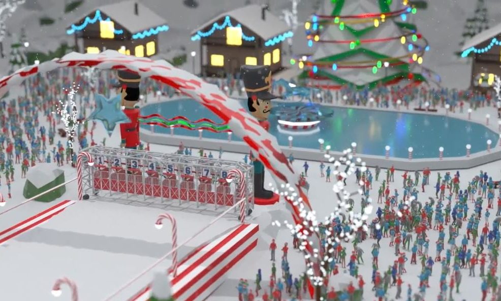 Festive winter scene from the Reindeer Games event, featuring a holiday-themed racetrack, large toy soldier figures, and a crowd gathered around a decorated ice rink.