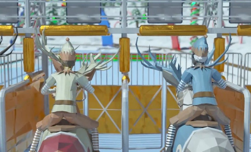 Two reindeer riders at the starting gate, ready for a race during the Reindeer Games team building event.