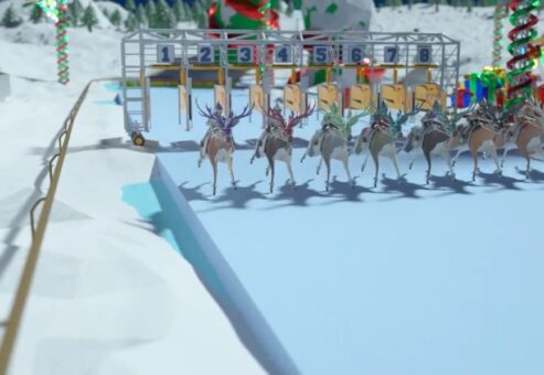 Reindeer lined up at the starting gate, ready to race during the Reindeer Games team building event.