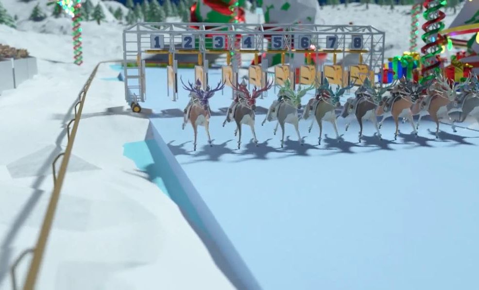 Reindeer lined up at the starting gate, ready to race during the Reindeer Games team building event.