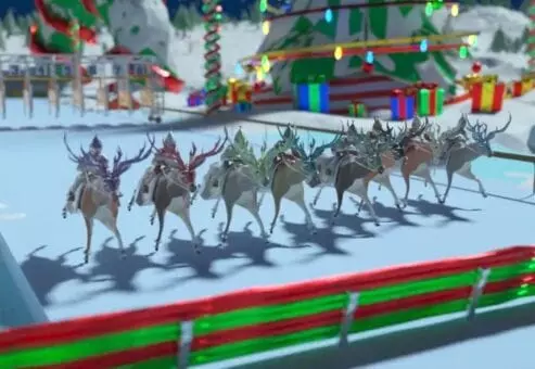 Reindeer sprinting around the track with festive holiday décor during the Reindeer Games team building event.