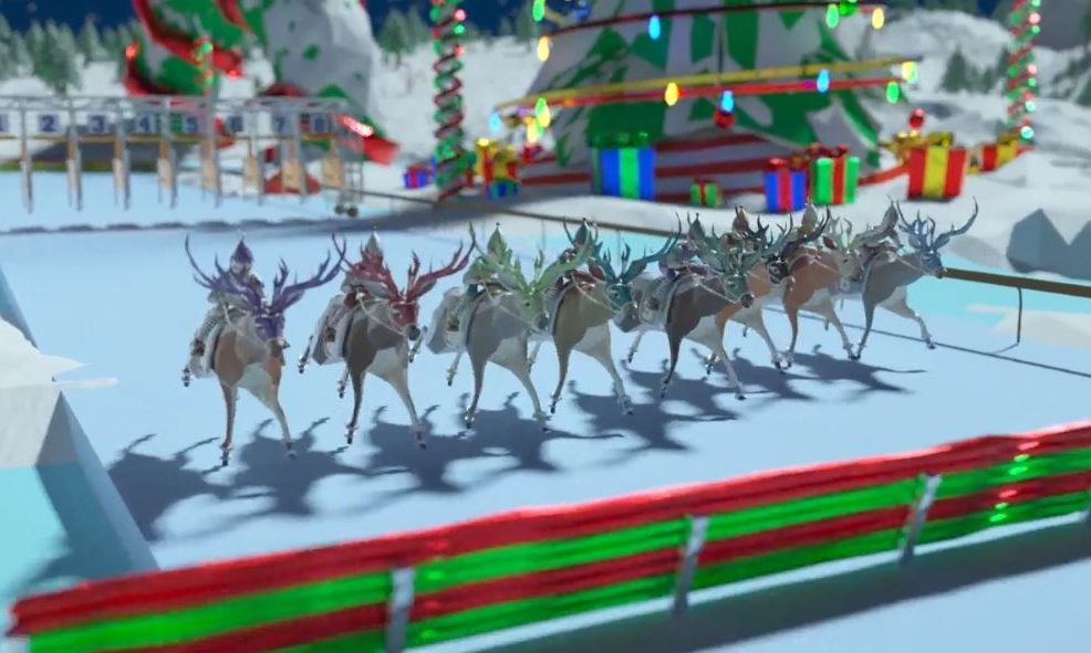 Reindeer sprinting around the track with festive holiday décor during the Reindeer Games team building event.