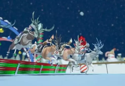 Reindeer racing in a snowy, festive track during the Reindeer Games team building event.