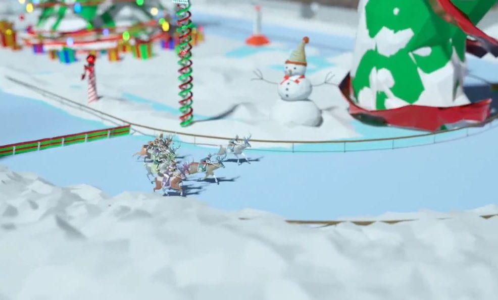 Reindeer racing around a snowy track during the Reindeer Games team building event, with a snowman and festive decorations in the background.