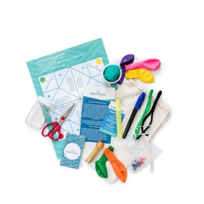A collection of craft supplies including scissors, balloons, markers, and instructions on a teal background. thumbnail
