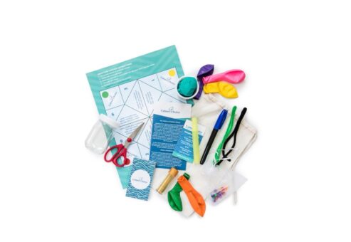 A collection of craft supplies including scissors, balloons, markers, and instructions on a teal background.