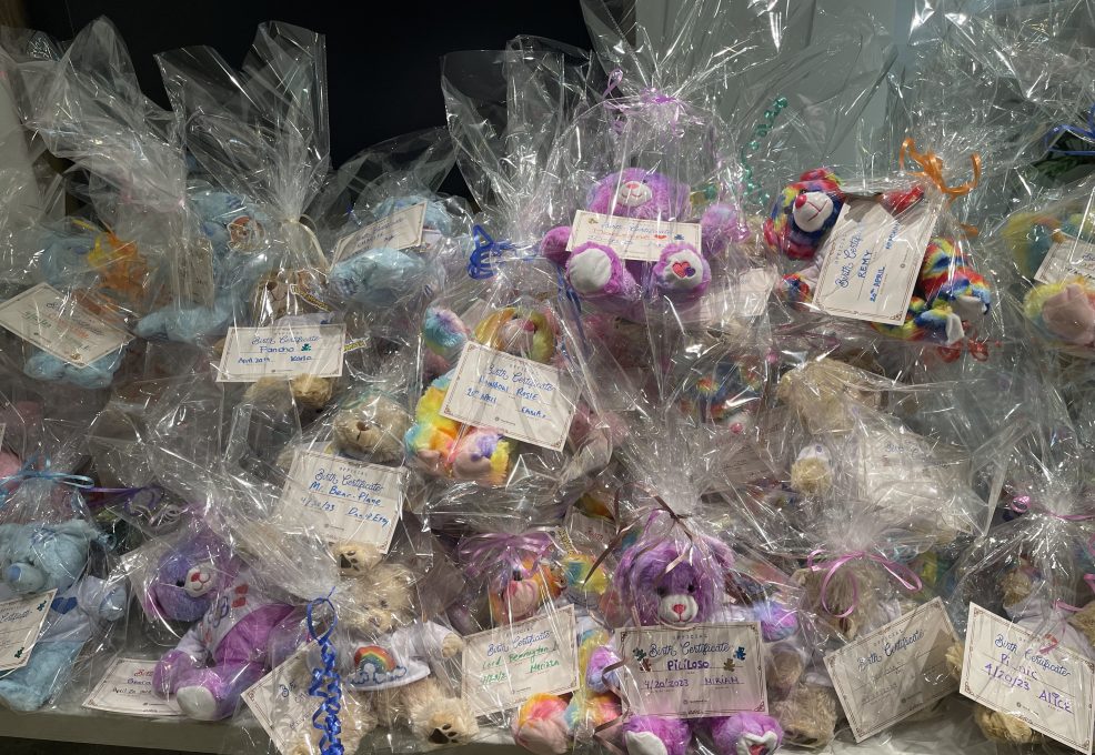 Dozens of colorful stuffed animals wrapped in clear plastic, ready for donation, each with a handwritten note attached.