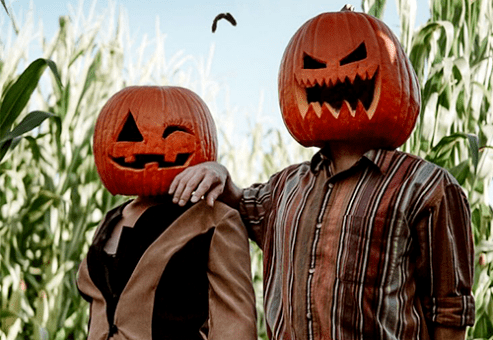 Two team members in creative pumpkin head costumes, posing for a spooky and fun Halloween-themed team building event.